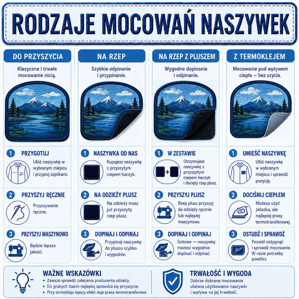Mocowanie naszywek do odzieży do przyszycia na rzep lub z termofolią